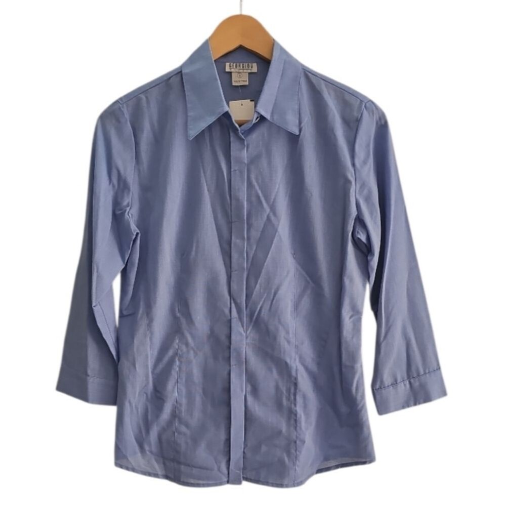 Georgiou Studio Linen Cotton Button Up Sz 8 Blue European Blouse Scandinavian